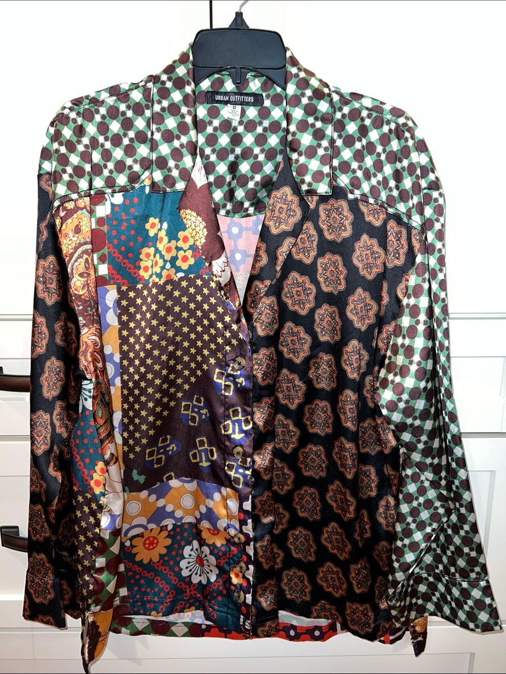 URBAN OUTFITTERS Multicolored Patchwork Satin Button-Down Shirt Sz M
